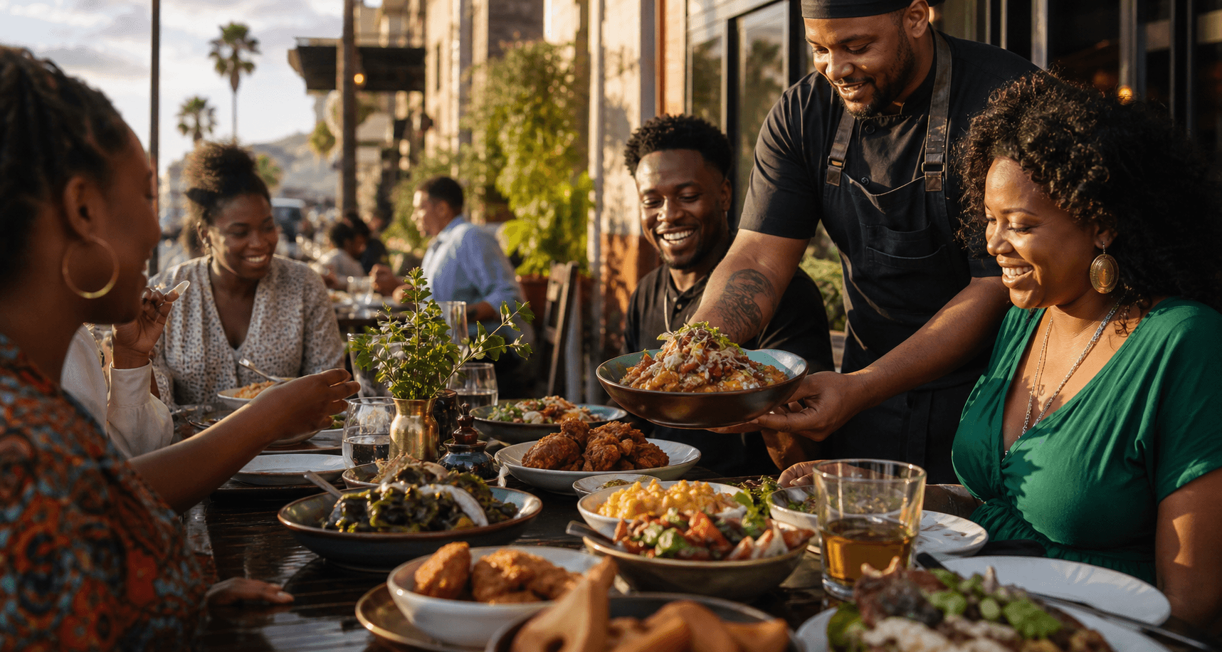Guests sharing food on a San Diego restaurant patio.